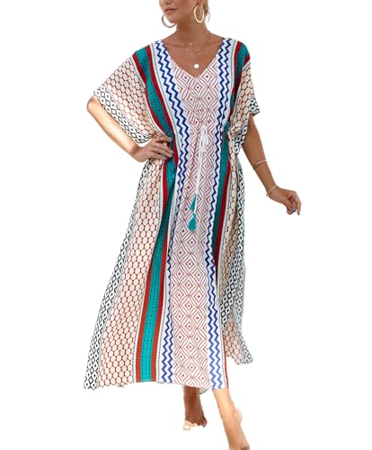 Caftan Dresses for Women Geometric Print Beach Dress V Neck Cover Up Kaftan Waist Drawstring Loungewear