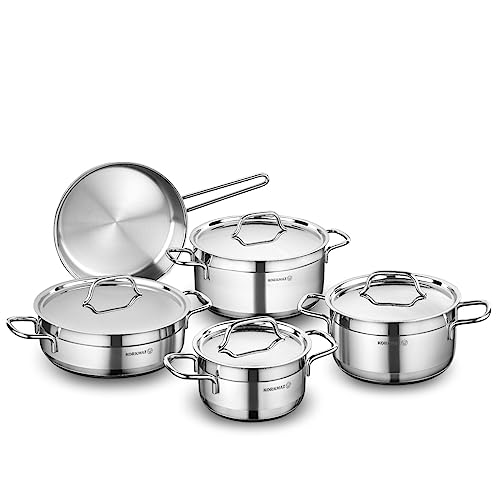 Korkmaz Alfa 9 Pieces Tri-Ply Bottom Stainless Steel Cookware Set | Sandwich Bottom Induction Compatible Cookware Pots and Pans Set | Silver