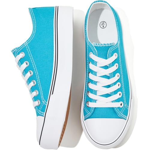 FRACORA Womens White Canvas Sneakers Low Top Lace Up Canvas Shoes Fashion Comfortable(Lake Blue,US8)