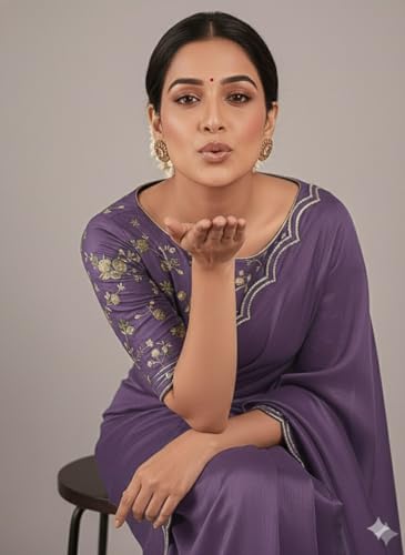 Image of Chinon Silk Saree with Embroidered Blouse, Traditional Georgette Saree, Elephant Embroidery Pattern, V-Neck Design, Free Size, Festival Wear