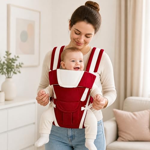 Image of LittleBoo New Born Baby Carrier Bag 4-in-1 Adjustable Baby Sitting Carrier Bag - Front & Back Carry with Head Support, Safety Belt & Buckle Straps for 0-24 Months (Red)
