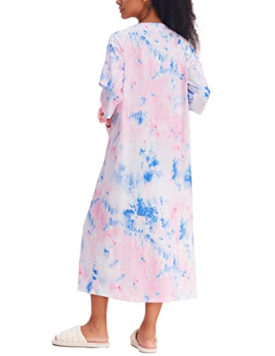 Ekouaer Long Nightgown House Coats For Women 3/4 Sleeve Sweatshirt Robe With Zip Duster Housecoats Classic Sleepwear,Tie Dye-Blue,2Xl #TOP1