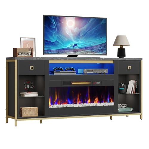 Bestier 70" Fireplace TV Stand, Modern Entertainment Center for TVs Up to 75", TV Console with Faux Marble Top, 2 Drawers and Adjustable Glass Shelves Design, Media Console for Living Room, Black