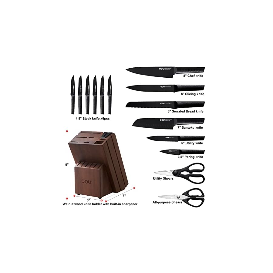OOU Kitchen Knife Set - 15 Pcs High Carbon Stainless Steel Chef Knife Sets, Dishwasher Safe Black Knives Block Set With Built in Sharpener, Best Christmas Gifts for Men Women