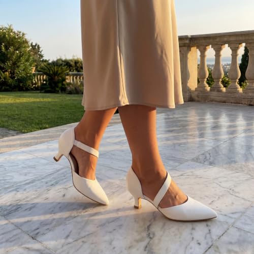 Image of RIBONGZ Kitten Heels for Women Closed Toe Comfortable Low Heels Pointed Toe Sexy Slip on Pumps Bridal Party Dressy Shoes