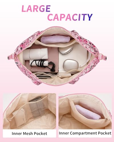 Ceneda Travel Duffle Bag - Quilted Weekender Overnight Bags For Women with Wet Pocket & Shoe Bag, Fits Airline Approved Personal Item Size (Pink Flower)4