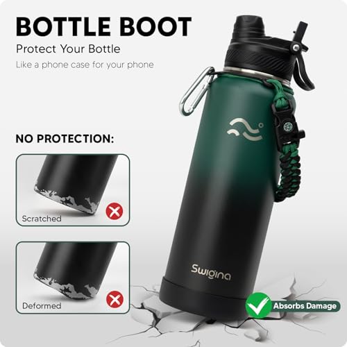 Image of Swigina Insulated Water Bottle with Silicone Boot (36hrs Cold /18hrs Hot) - DIY Stickers, [2-in-1 Lid], BPA Free, 40 oz