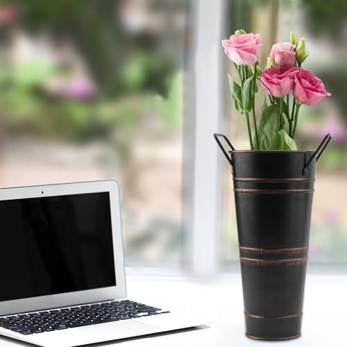 DAKFOOK 8 Pack 11 x 23cm Metal Galvanized Flower Vases, Black Farmhouse French Buckets with Handles - Image 2