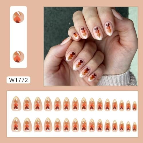 Image of Heart Press on Nails Brown Fake Nails Short Almond False Nails with Design Love Glue on Nails Glossy Artificial Acrylic Nail Full Cover Nude Stick on Nails for Women Manicure 24Pcs