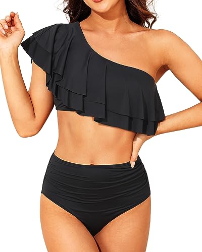 Tempt Me Women Two Piece High Waisted Bikini Set Swimsuit One Shoulder Ruffle Bathing Suits Tummy Control Ruched Swimwear