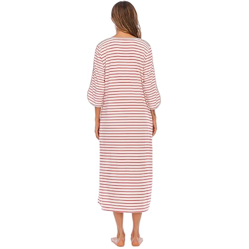 RONGTAI Robe for Women Zipper front Robes 3/4 Sleeve Housecoat with Pockets Full Length Nightgown Pink Stripe Loungewear XL — view 2