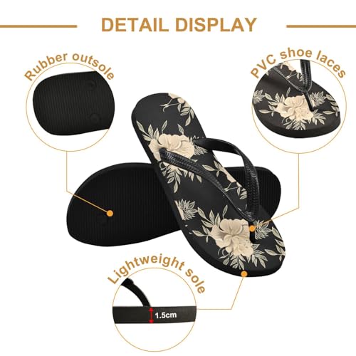 Hibiscus Flower Leaves Black Flip Flops for Beach Thong Sandals Anti-slip Lightweight Beach Shoes for House Indoor Outdoor3