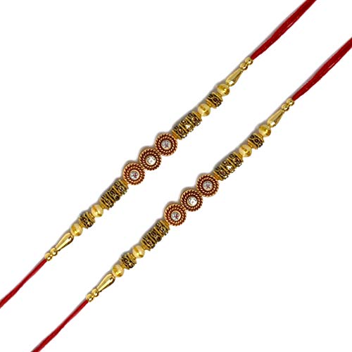 Image of co Set of 2 Handmade Round Diamond woodne moti Rakhi for Brother for boy Men with Free rolli chawal Multi Color Size 7 inch