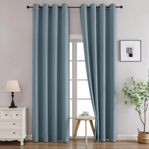 Image of Simplebrand Stone Blue Curtains for Bedroom Living Room 96 Inches Long 2 Panels Set, Room Darkening Thermal Insulated Curtains & Drapes, Solid Grommet Noise Reducing Window Treatment, W50 x L96 Inch