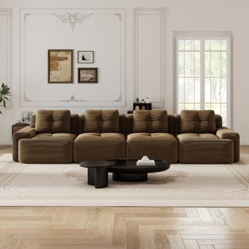 Image of 153 inch Extra Large 4-Seater Modular Boneless Couch, Luxury Corduroy Fabric, Deep Seat Cloud sectional Sofa with Buckle Connection, No Assembly Anti-Slip Couch for Big Living Room, Brown