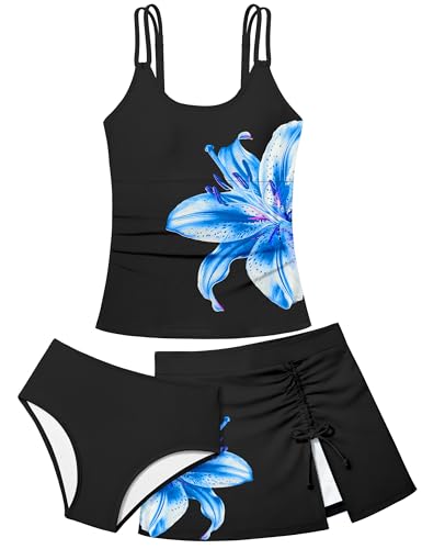 Image of Girls Swimsuit Tropical 3 Piece Tankini Adjustable Strap Bathing Suit Solid Modest Swimwear with Drastring Skirt 9-16y