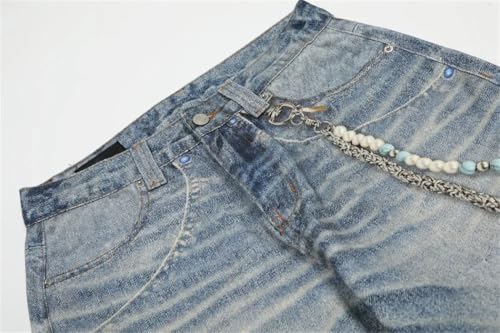 Men's Chain Print Jeans, High Street Washed Distressed, Baggy Straight Wide Leg Denim Pants4