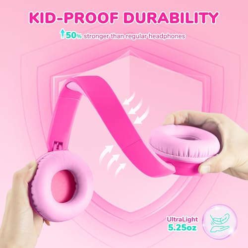 Image of iClever BTH22 Kids Bluetooth Headphones, 60H Play Time, 74 /85 dBA Safe Volume, Bluetooth 5.4, USB C, Over Ear Kids Headphones Wireless with Mic AUX Cord for iPad /Tablet /Travel /School (Bright Pink)