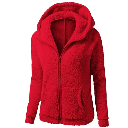Damen-Fleece-Jacke, durchgehender Reißverschluss, warm, mit Reißverschluss, für Damen, einfarbig, lange Ärmel, grobe Strickjacke, weich, bequem, Thermo-Winterjacken mit Taschen, lässiger, übergroßer