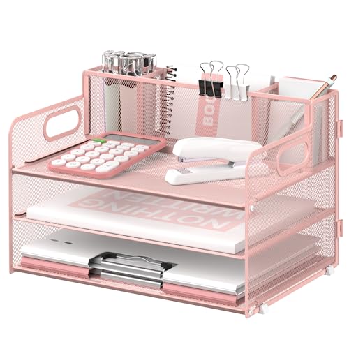 SUPEASY 3 Tier Desk Organizer with Handle & 3 Pen Holders, Mesh Paper/File Organizer for Desk, Paper Letter Tray Organizer for Office Supplies (Pink) image 6