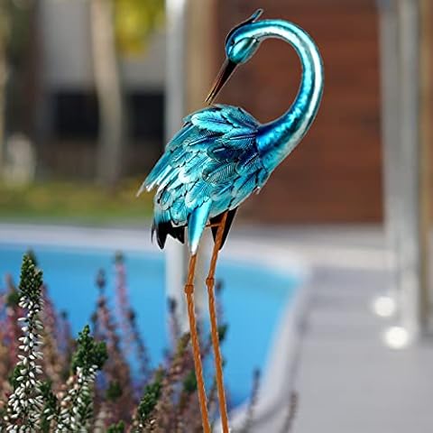 Chisheen Crane Garden Statues, Metal Garden Crane Outdoor, Blue Heron Statues Metal Yard Art, Large Garden Heron Decoy, Bird Statues for Backyard Pond Patio Porch Lawn Outside Decorations Cover