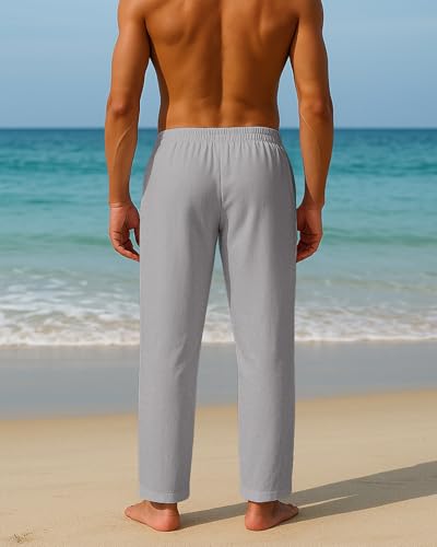 Image of PIDOGYM Mens Cotton Linen Pants, Summer Beach Pants Casual Loose Fit with Elastic Waist Drawstring