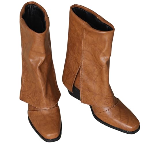 baobeijiadao Womens Square Toe Mid Calf Boots Chunky Heel Fold Over Boots Pull On Non Slip Fashion Boots for Women2