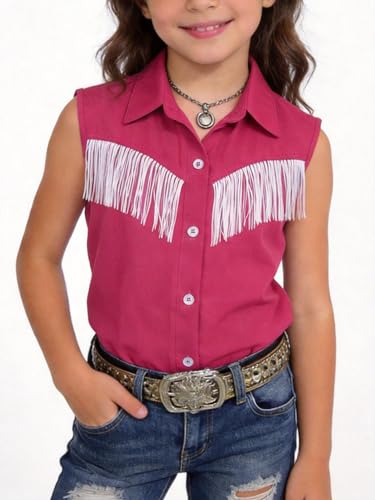 Image of Girls Fringe Shirt Sleeveless Button Down Western Cowgirl Tassel Trim Casual Blouse Shirt Top 4-13Y