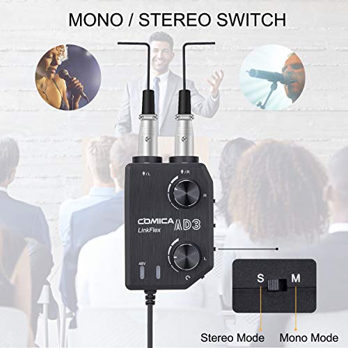 COMICA LINKFLEX.AD3 2-channel XLR/3.5mm Microphone Preamp Mixer with 48V Phantom Power, Real Time Monitor, Guitar Interface Preamp for DSLR Cameras, Camcorders, iPhone,iPad,Mac and Android Smartphones