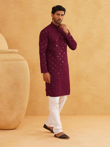 Image of SOJANYA (Since 1958 Men's Cotton Embroidered Sequinned Kurta with white Churidaar Pyjama