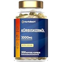 Kürbiskernöl Kapseln 3000mg pro Tagesdosis | Mit natürlichen Vitamin E | Hochdosiert | Naturbelassen & Kaltgepresst | 45% Linolsäure (Omega 6) | 200 Pumpkin Seed Kapseln | Horbaach
