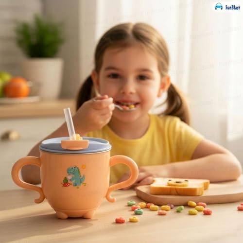 Image of FunBlast Milk Mug for Kids - Dinosaur Print S316 Stainless Steel Mug for Kids, Insulated Milk Cup with Lid & Straw, Water, Juice Drinking Mug, Glass, Cup for Kids - 200 ML (Peach)