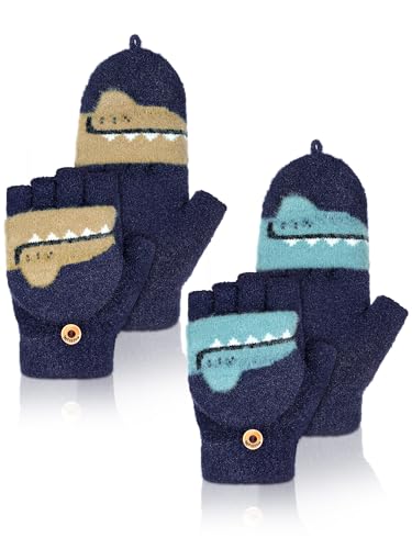 SATINIOR 2 Pairs Winter Kids Fingerless Gloves Toddler Finger Mittens Knit Convertible Half Finger Mitten Flap Aged 3-10(Navy Blue, Dark Grey,Crocodile)