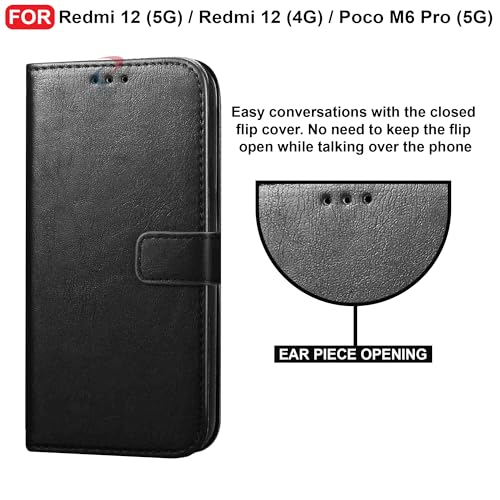 Image of CEDO Flip Cover for Redmi 12 (5G) / Redmi 12 (4G) / Poco M6 Pro (5G) | Leather Finish | Inside Pockets & Inbuilt Stand | Shockproof Wallet Style Magnetic Closure Back Case Flipcover (Black)