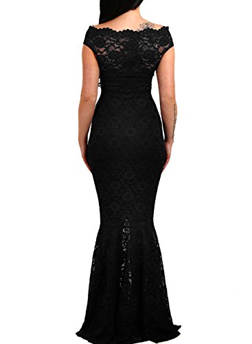 Elapsy Womens Sexy Elegant Off Shoulder Bardot Lace Evening Gown Fishtail Maxi Party Formal Dress Black Medium