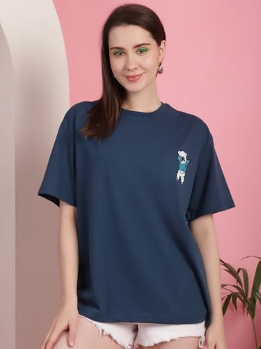 Image of Preneum Women's Cotton Graphic Printed Baggy Fit Drop-Shoulder Sleeves Cotton Oversized T-Shirt || Round Neck || Half Sleeve