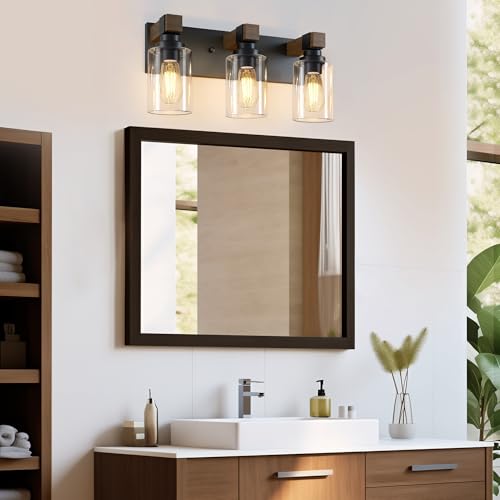 Image of Farmhouse Bathroom Vanity Light Fixtures, Rustic 3-Light Wood Vanity Lights for Bathroom, Vintage Black Wall Sconces Lighting, Light fixtures Over Mirror, with Glass Shade