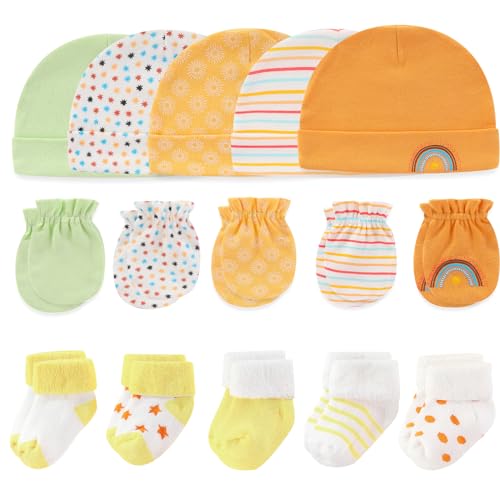 Image of MAMIMAKA Newborn Baby Boy Girl Caps Mittens Socks Set Cotton Baby Essentials Accessories (Hats+Gloves+Socks)