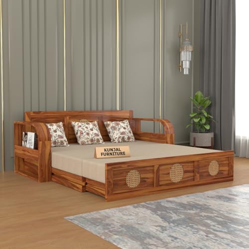 Image of Kunjal Furniture Solid Sheesham Wood Sofa Cum Bed with Storage for Living Room | Natural Finish | 3-Seater Convertible Sofa Bed | Handmade Wooden Furniture (Natural, Round Cane)