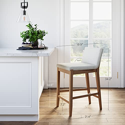 Nathan James Gracie Modern Counter Height Bar Stool With Back, Counter Stool Upholstered Chair With Natural Flax White Fabric And Brushed Light Brown Wooden Legs, Natural Flax/Brown #TOP4