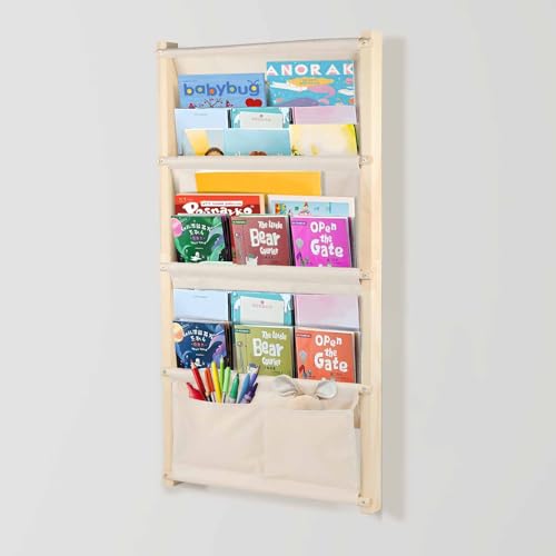 YEXEXINM Wood 4-Tier Wall Mounted Kids Bookshelf, Wall Mounted Montessori Kids Bookshelf, 4 Tier Book Display,Floating Book Shelf for Kid Rooms,Book Shelf Organizer for Toys and Books