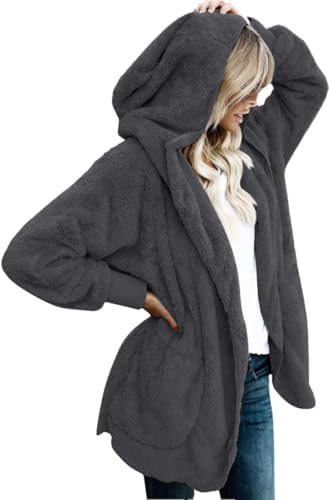 Womens Fuzzy Jacket Hooded Cardigan Open Front Sherpa Coat with P...
