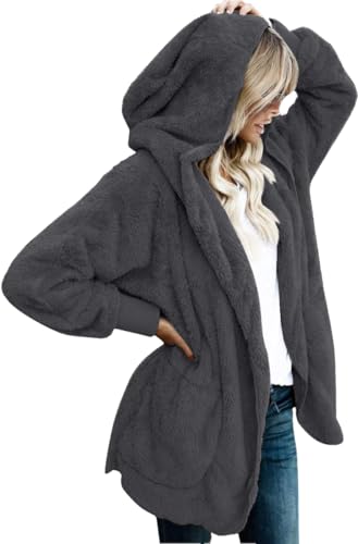 Image of Womens Fuzzy Jacket Sherpa Coat Open Front Hooded Cardigan Outwear with Pockets (Darkgrey,XL)