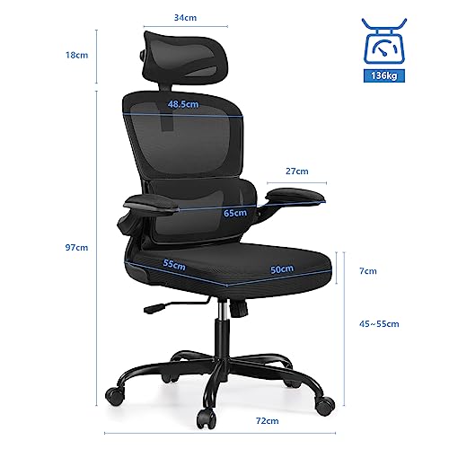 Image of Razzor RZ2202H-Black Office Chair, Chair, No Fatigue, Study and Learn, 360 Degree Rotation, Good for Lower Back, Telework, Ergonomic Chair, Desk Chair with Lumbar Support, Flip-up Armrest, Movable Headrest, Breathable Mesh, PC, Black, Black