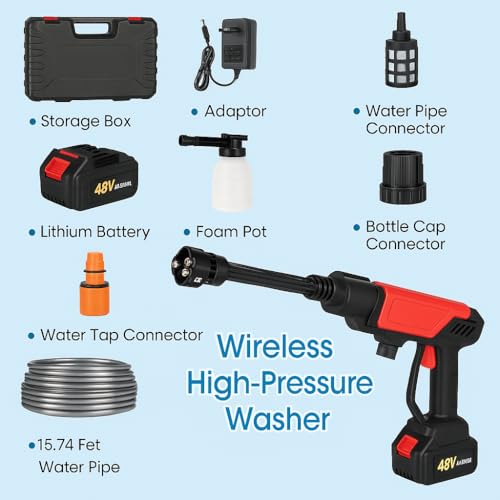 Image of Qlect (Double Battery) Cordless Portable Wireless Pressure Washer Gun 48V 15000mAh High Pressure Water Gun for Car Wash and Bike Cleaning with Adjustable Nozzle and 5M Hose Pipe