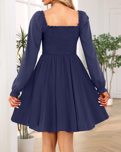 Image of Holipick Women's Casual Square Neck Smocked Dress Shirred Ruffle Puff Sleeve High Waist Cute Flowy A-Line Short Dress