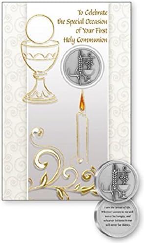 Catholic Gift Shop Ltd First Holy Communion Card with Metal Pocket Token & Lourdes Prayer Cards