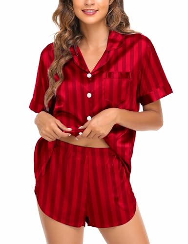 SWOMOG Couple Satin Matching Pajamas Sets Women & Men Short Sleeve Sleepwear Silk Button Down Nightwear 2 Pieces Loungewear2