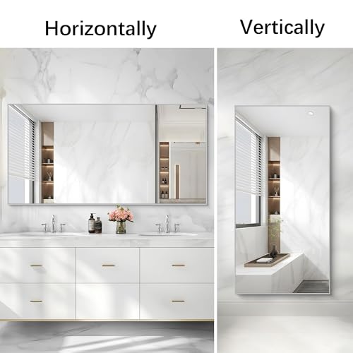 Image of COFENY Silver Bathroom Mirror for Wall, 30x60 Inch Rectangle Mirrors with Metal Frame, Modern Vanity Large Wall Mirror for Bathroom Living Room, Entryway Hangs Horizontal or Vertical