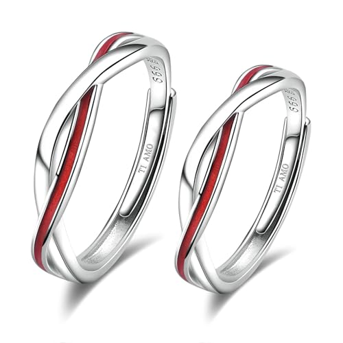 MILANG Anello di Coppia Filo Rosso, Anelli Argento Sterling con Linea Rossa, Anello di Fidanzamento con Incisione, Regolabile per Uomo e Donna, Anello Anniversario Matrimonio